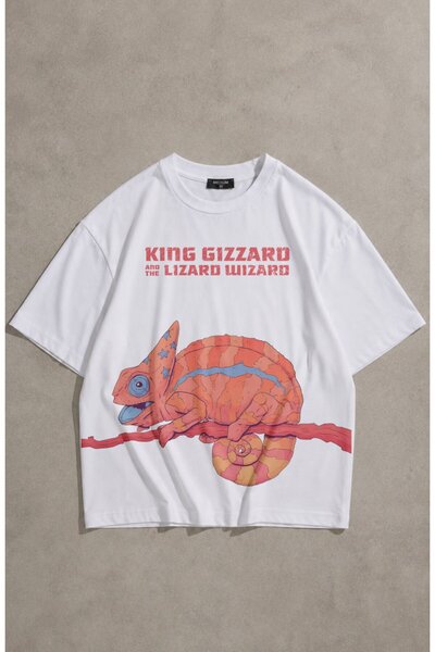 Fuddy Moda Унисекс овърсайз тениска с принт на хамелеон King Gizzard And The ...