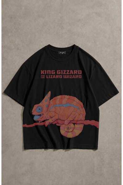 Fuddy Moda Унисекс овърсайз тениска с принт на хамелеон King Gizzard And The ...