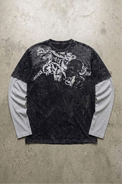 ARS Butik Siyah Yıkamalı Skull Motifli Beyaz Kollu Unisex İnce Sweatshirt