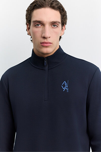 Avva Erkek Lacivert Dik Yaka Fermuarlı Göğüs Baskılı İnterlok Sweatshirt A62Y...