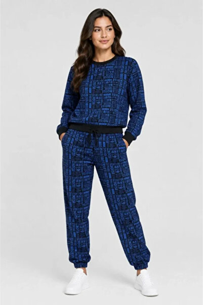 JANES Black and Blue Text Patterned Two-Thread Embroidered Tracksuit Set