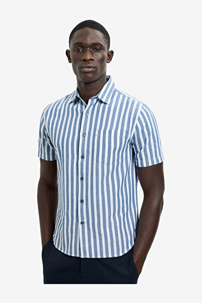 French Connection Short Sleeve Cotton Blue Striped Shirt