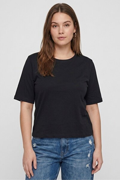 JDY Women Crew Neck Short Sleeve Plain Top, Black