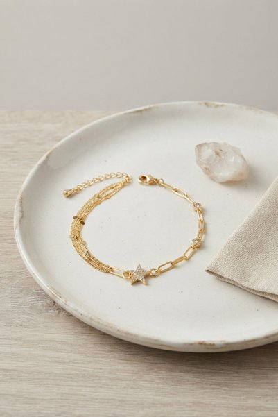 ELİSY Gold Color Brass Paperclip and Chain Star Model Women's Bracelet