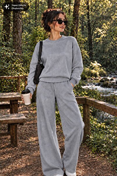 caddekombin Women's Crew Neck Wide Leg Women's Two-Piece Tracksuit Set Regula...