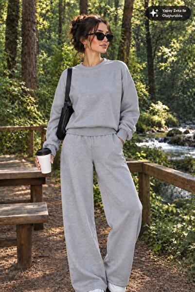 caddekombin Women's Crew Neck Wide Leg Women's Two-Piece Tracksuit Set Regula...