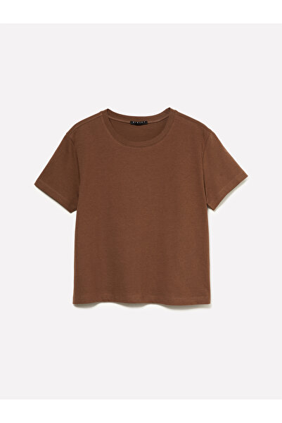 Sisley Kadın Kahverengi %100 Pamuk Bisiklet Yakalı T-Shirt