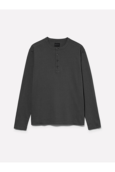Sisley Erkek Siyah %100 Pamuk Regular Fit Henley Yaka Uzun Kollu T-Shirt