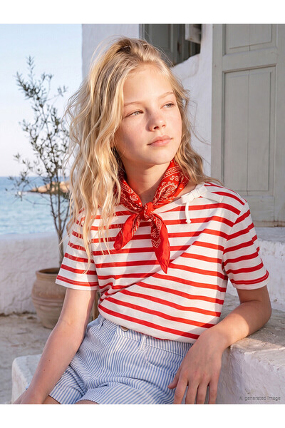 LC Waikiki Alita City Striped Girls' T-Shirt with Bow Detail