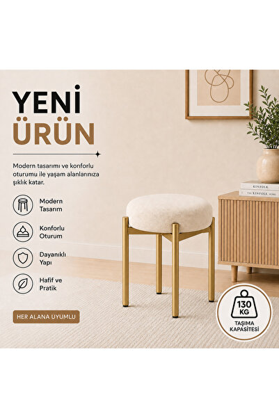 BUEM MOBİLYA CEMRE TEKLİ PUF TABURE BENCH MAKYAJ SANDALYESİ GOLD AYAK