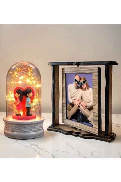 MEGA KANYON Kişiye Özel 2 Fotoğraflı Dönen Ahşap Çerçeve ve Led Işıklı Sırt S...