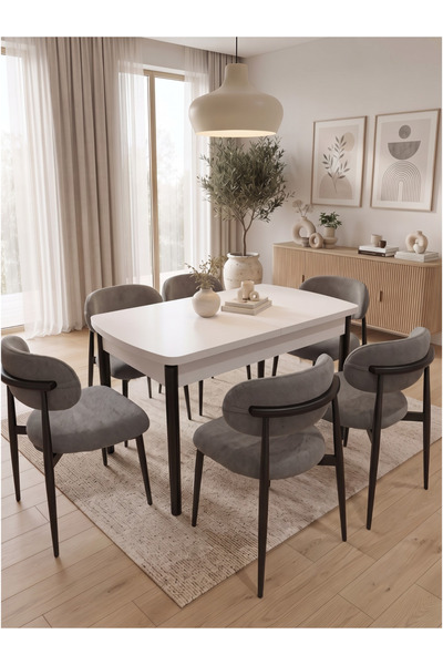 Concept Ayz Home Sofia Serisi 6 Kişilik Gri Oscar Kumaş 80*130 Beyaz Açılır M...