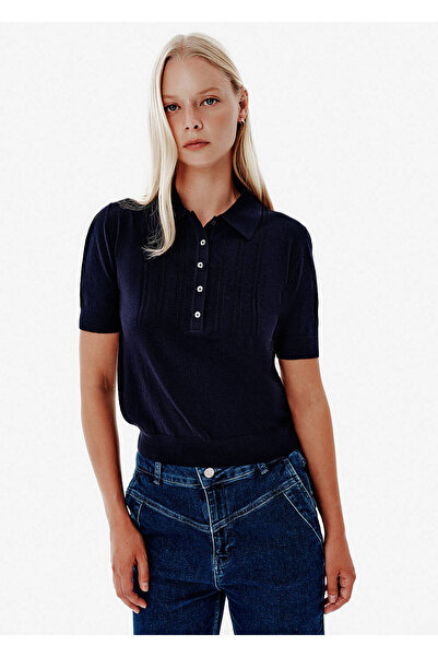 Knitss Fine Örgü Mine Düğme Lacivert Polo Triko Üst