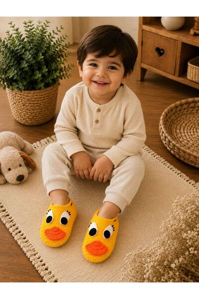 Berliva Home Hand Knitted Baby & Kids Booties with Cute Duck Figure - Yellow Slippers Home Socks
