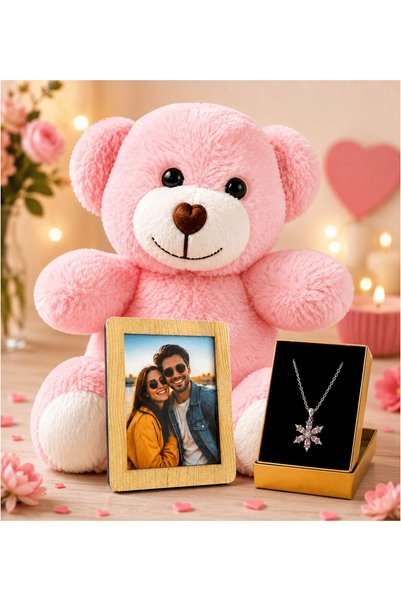 MEGA KANYON Kişiye Özel Fotoğraflı Pembe Peluş Ayıcık ve Mor Ametist Taşlı Lo...