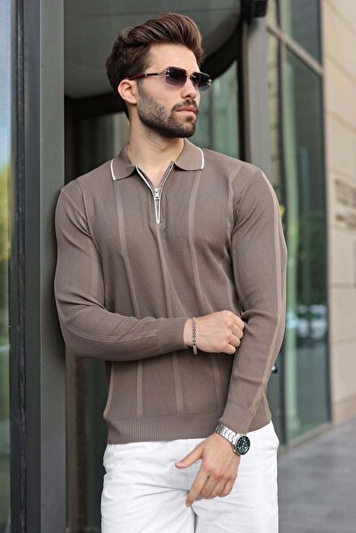 Madmext Light Brown Polo Collar Half Zipper Ribbed Men's Knitwear Sweater E7515