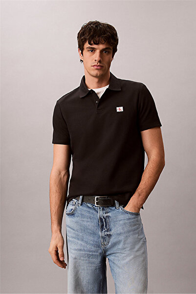 Calvin Klein Ss Microwaffle Woven Label Polo Men's Polo Collar T-Shirt Black
