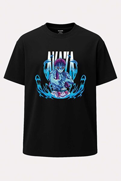 nirvoda Oversize Akaza Blue Flame Demon Slayer Printed T-Shirt
