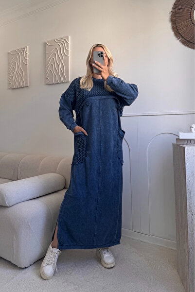 SUMEF Indigo Knitwear Detailed Pocketed 100% Cotton Oversized Fit Standard Si...