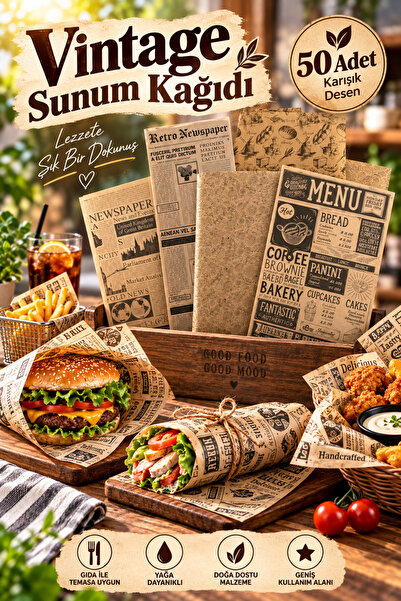 House Bird 50 Adet Karışık Vintage Gazete Desenli Sunum Kağıdı Hamburger Pata...