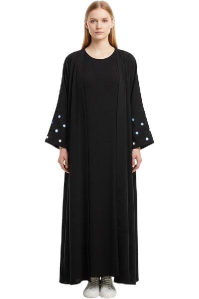 FashionApp Beautiful Floral Embroidery Sleeves Open Front Abaya with Sleevele...