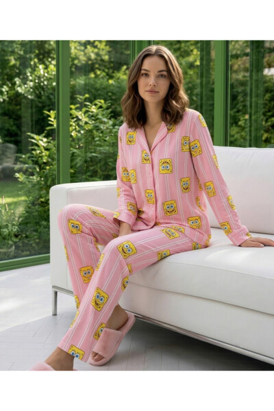 Muka SüngerBob Desenli Düğmeli Pijama Takımı