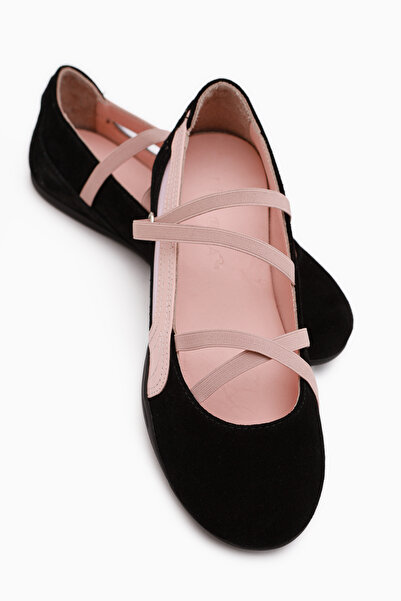 Limoya Mary Genuine Leather Black Suede Cross Elastic Band Women's Ballerinas