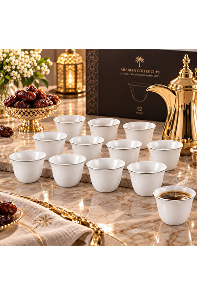 Dania Luxury White Porcelain Arabic Coffee Cup Set with Shiny Silver Rim - 12...