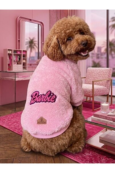 Peti Tailor Köpek Kıyafeti Pembe Peluş Polar Köpek Sweatshirt –Barbie Nakışlı...