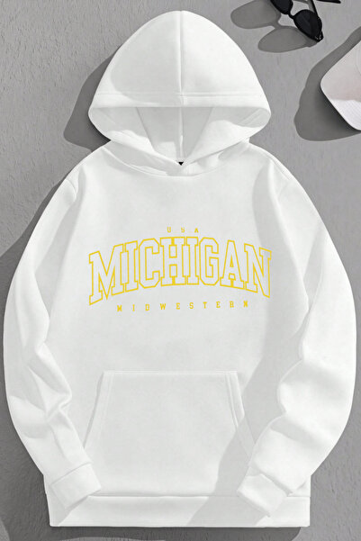 K KOZZ STYLE Unisex 3 Thread Cotton White Yellowmichigan Print Loose Fit Swea...