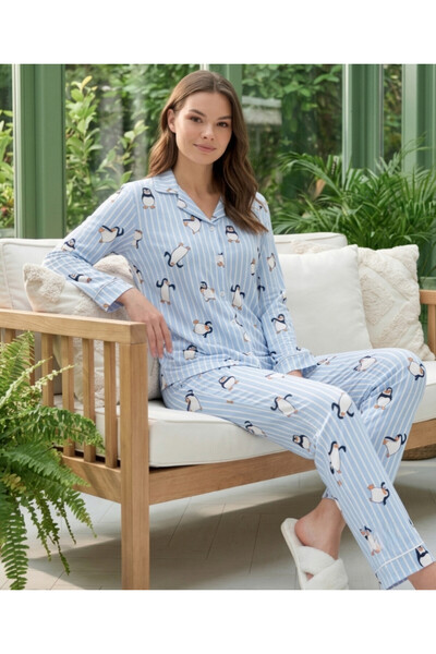 Madagascar Penguen Desenli Düğmeli Pijama Takımı