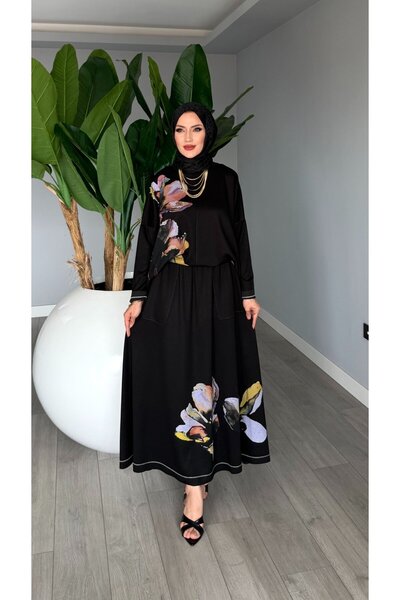 TARZ-I HAS BUTİK Siyah Premium Derya Etekli Takım Yazlık Oysho Kumaş Tesettür...