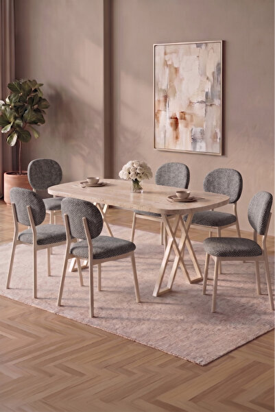 asaella mobilya Hooli 90x168 Traverten Mdf Masa, Metal X Ayak, Metal Sandalye...