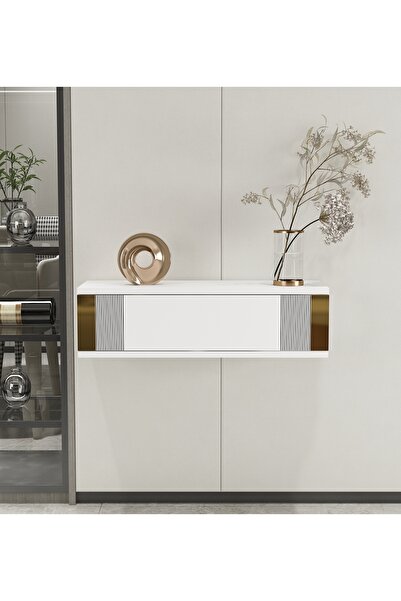 morepp İris 70cm Duvara Monte Kapaklı Raflı Modern Dresuar Beyaz-Gümüş