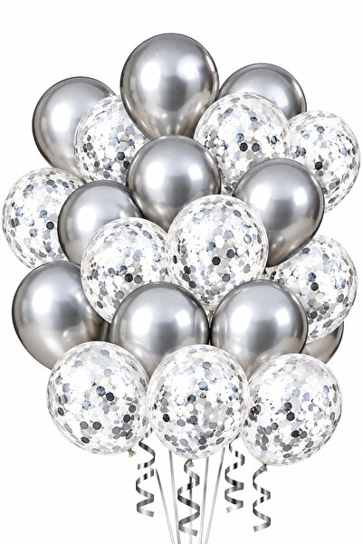 Onay Store 10 Adet Metalik Gümüş Balon ve Gümüş Konfetili Şeffaf Balon - Pull...