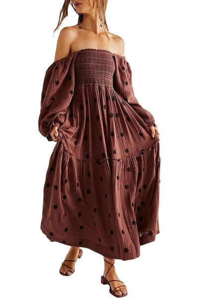 GENERAL ABYOVRT Women Floral Embroidered Maxi Dress Long Puff Sleeve Square N...