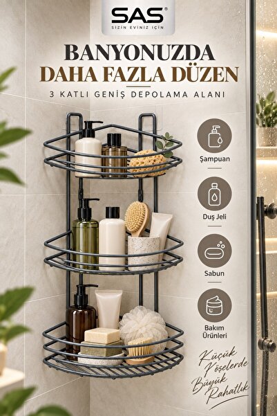 Sas Haus SAS Titan Gri 3 Katlı Köşe Şampuanlık Yapışkanlı Delmeden Banyo Rafı Termoplastik Kaplama