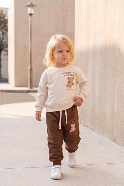 Babymod Teddy Bear Printed Girls' Undergarment Tracksuit Set Brown {Cream