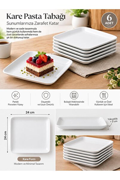 ALBETTO 6'lı Porselen Servis Tabak Pasta Tabağı Beyaz Kare 24cm*24cm
