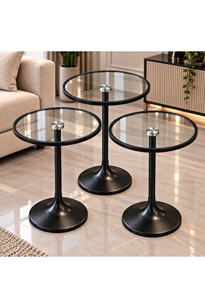 Royal Home Set of 3 Black Glass Round Side Tables