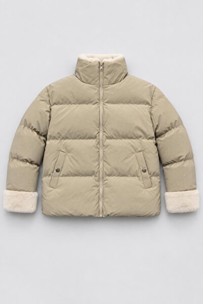 Perendi Girl's Stand Collar Plush Detailed Puffer Coat