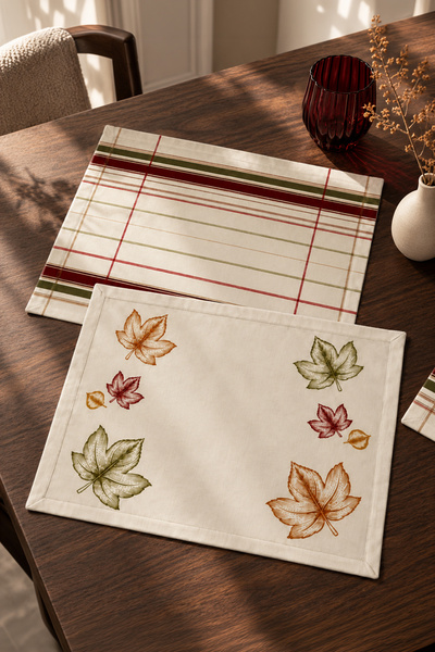 Otaera Hazel |   Leaf and Plaid Patterned 2-Piece American Service Set, 35 X ...