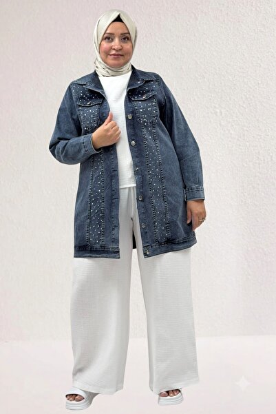 Eslina 53021 Jachetă din denim mărime mare cu detaliu cu imprimeu cu pietre î...