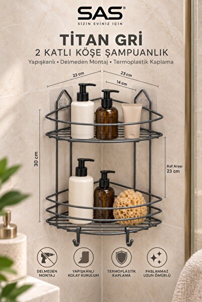 Sas Haus Titan Gri 2 Katlı Köşe Şampuanlık Yapışkanlı Termoplastik Kaplama Delmeden Montaj Banyo Raf