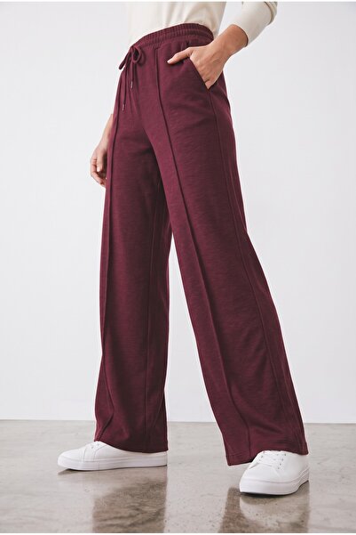 Generic Brand Women's Sweatpants Burgundy Drawstring and Elastic Waist Front Striped Double Pockets Oysho Fabric Comfortable Cut