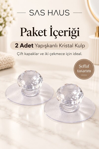 Sas Hausgerate 4 Adet Kristal Topuzlu Yapışkanlı Dolap Çekmece Kulpu – Delmeden Montaj Şeffaf Kapak