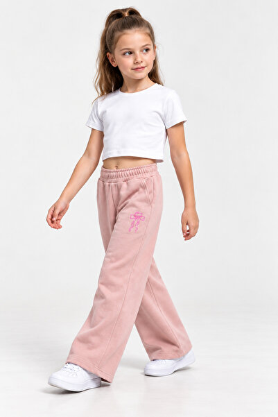 Joi Kids Kız Çocuk Fiyonk Nakışlı Wide Leg Bol Paça Eşofman Altı