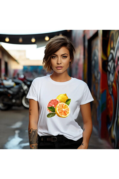 OKTANE Tricou dama Grepfrut model 1, de vara, Fructe, 100%bumbac, culoare alb...