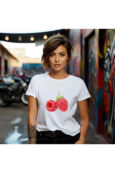 OKTANE Tricou dama Zmeura model 8, de vara, Fructe, 100%bumbac, culoare alb 3XL
