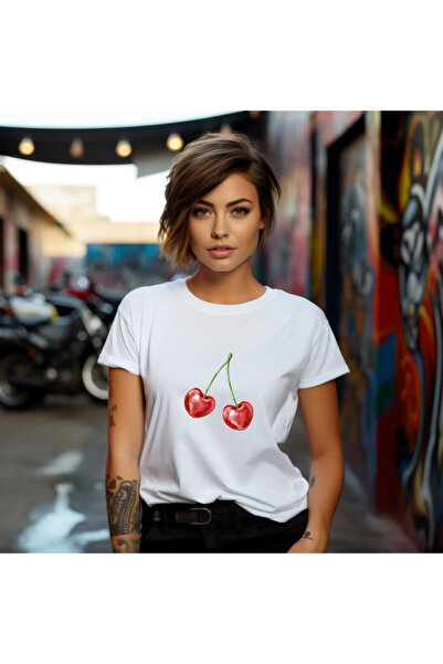 OKTANE Women's t-shirt Cherese model 17, summer, Fruits, 100% Cotton, white c...